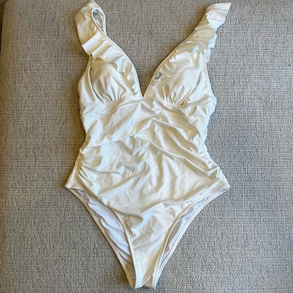 CUPSHE Women's Ruffle Sleeve One Piece Swimsuit V Neck Lace Up - White XL - Picture 8 of 9